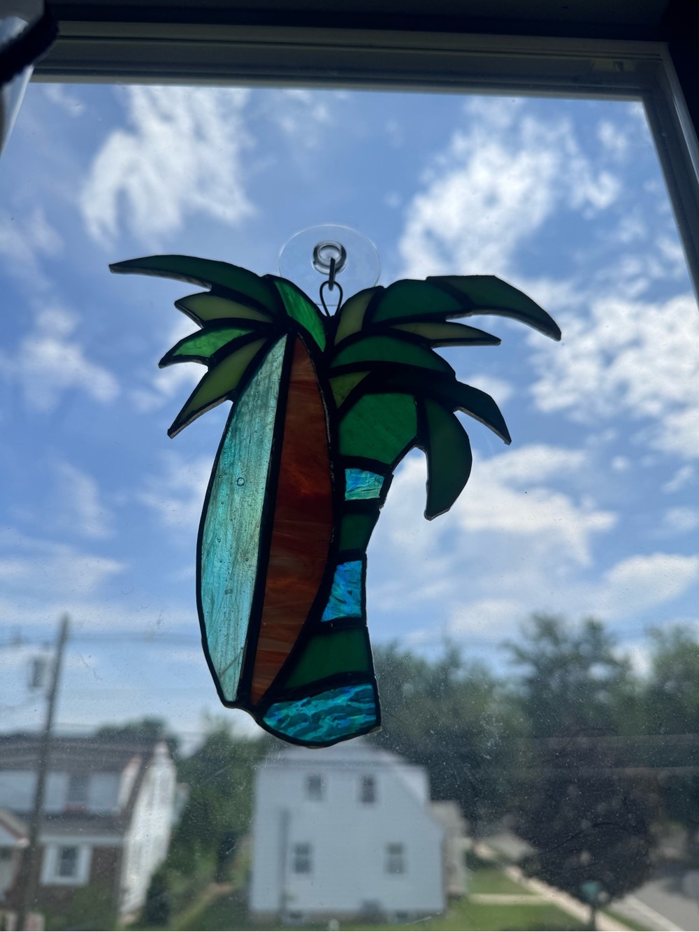 Stained Glass Palm Tree and Surfboard Suncatcher - Green & Teal